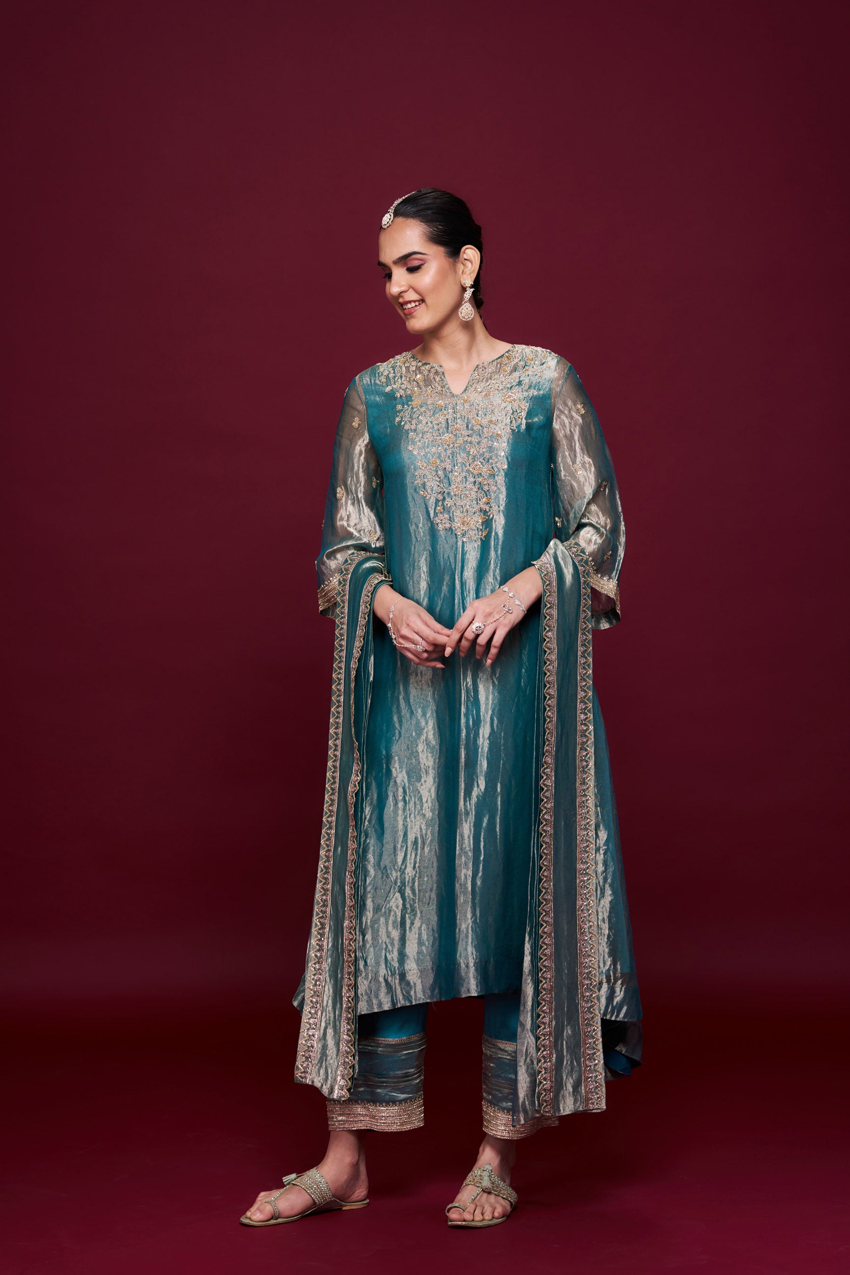 Sahar Green Tissue Kurti Set with Dupatta