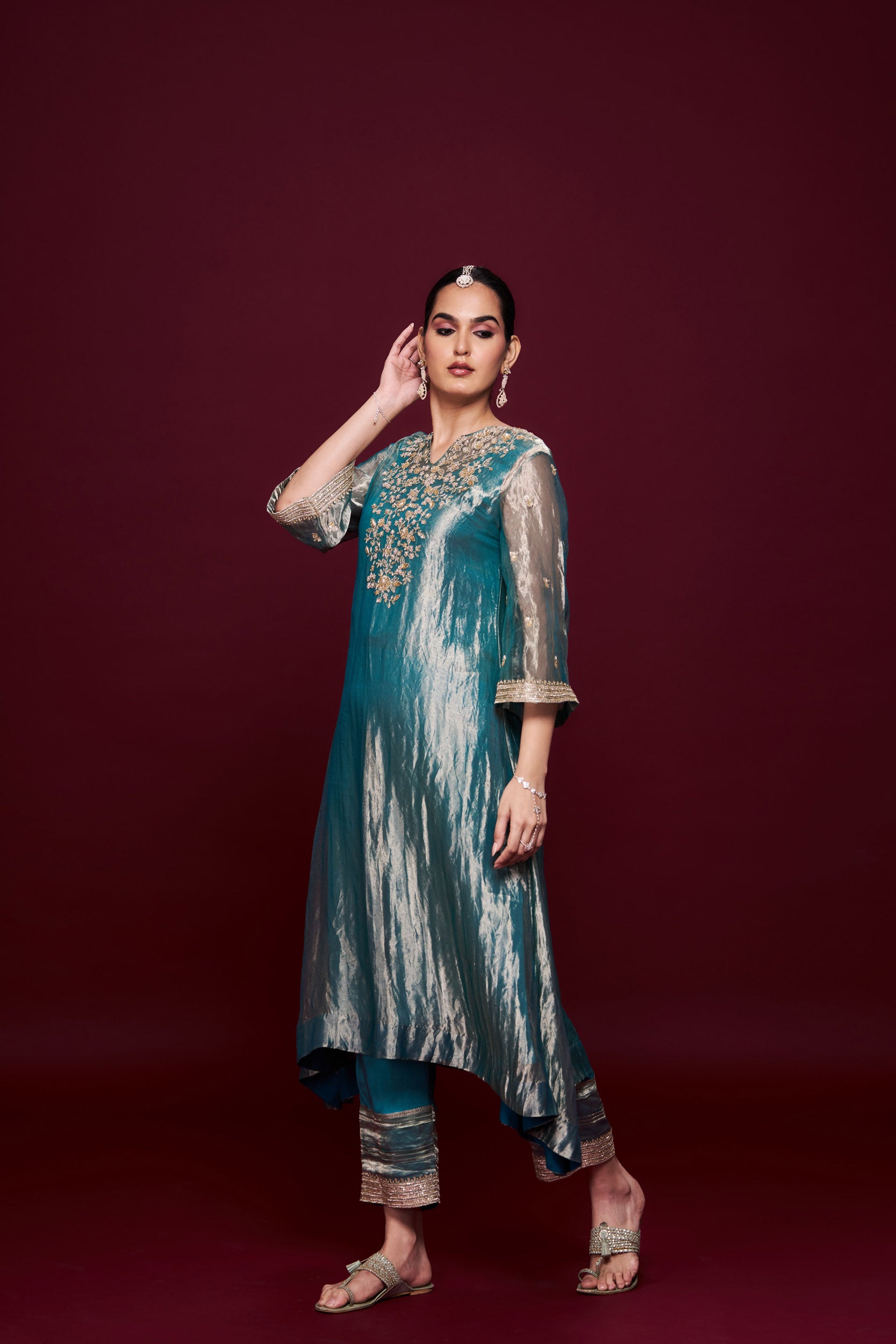 Sahar Green Tissue Kurti Set with Dupatta