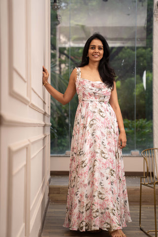 White Floral Cowl Dress