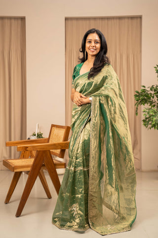 Green Tissue Saree with Benaras Embroidered Blouse