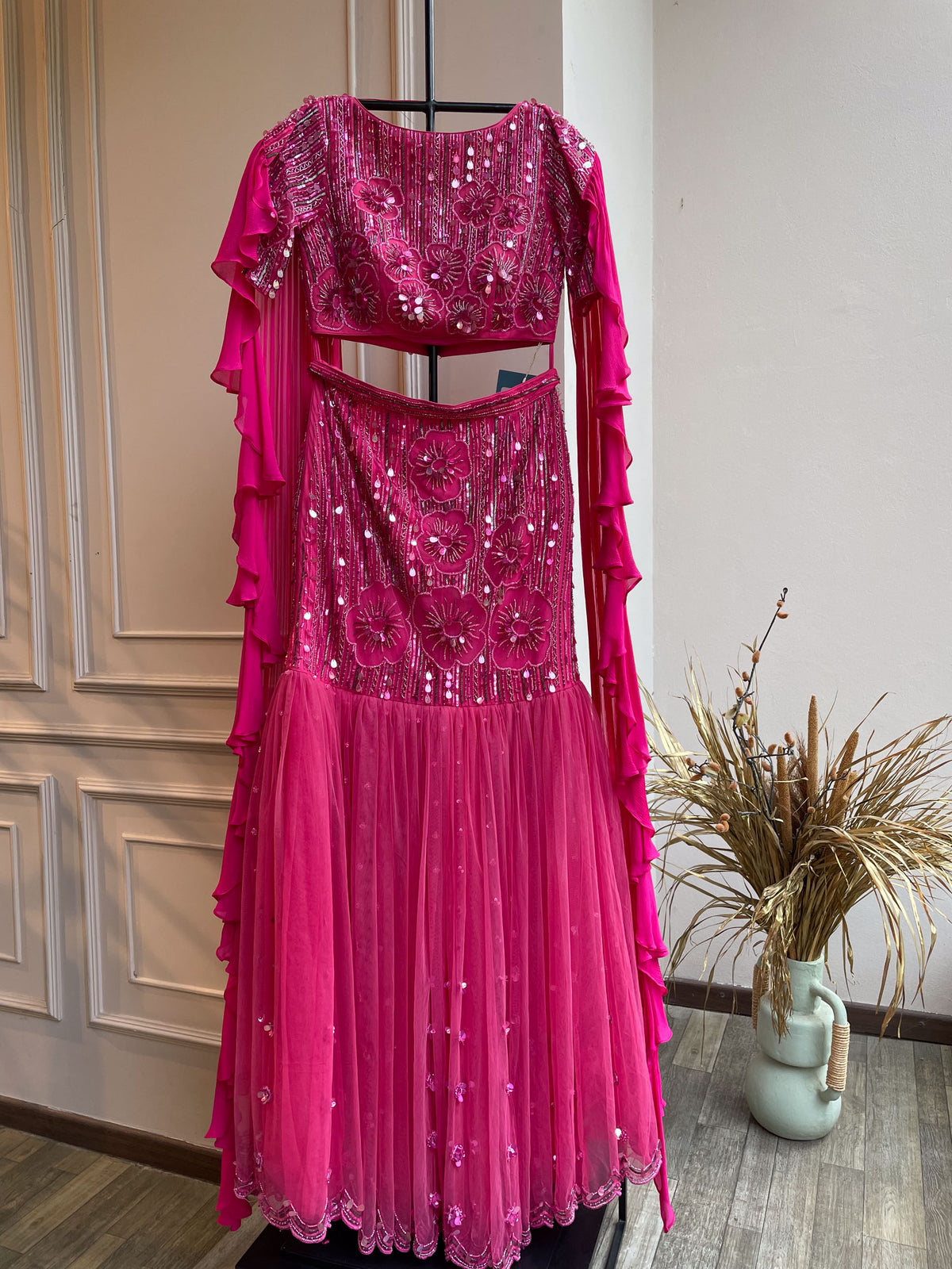 Kimora mermaid Lehenga set with Ruffle dupatta - Fuchsia pink