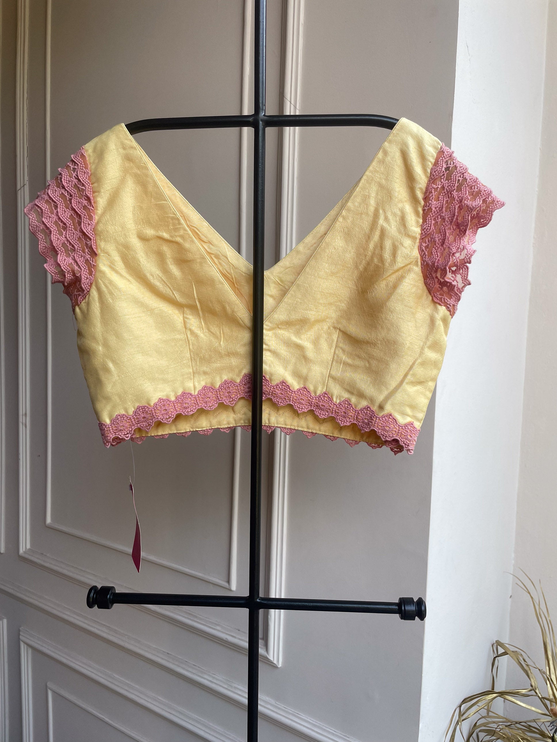Lemon yellow plain blouse with pink lace