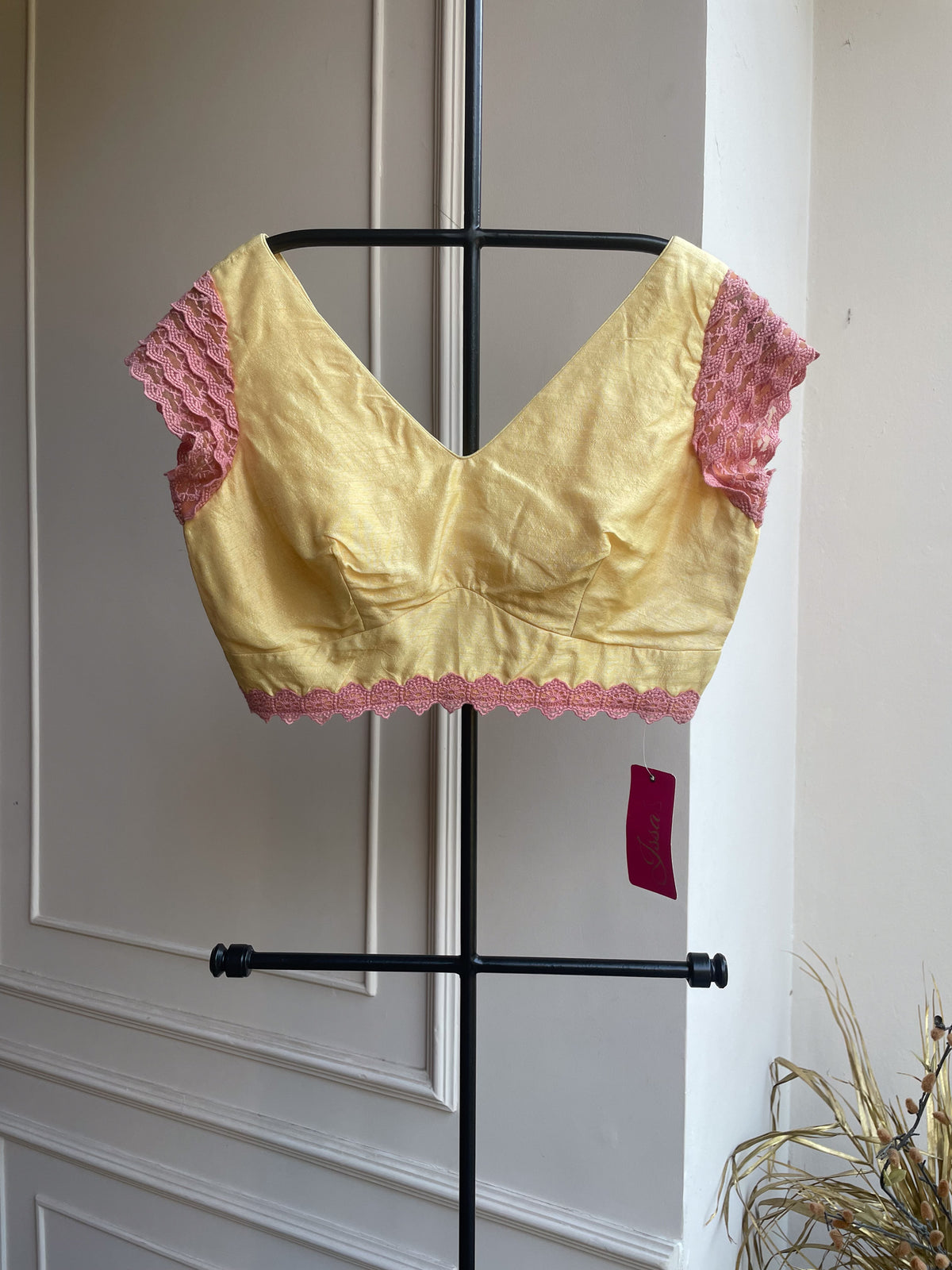 Lemon yellow plain blouse with pink lace