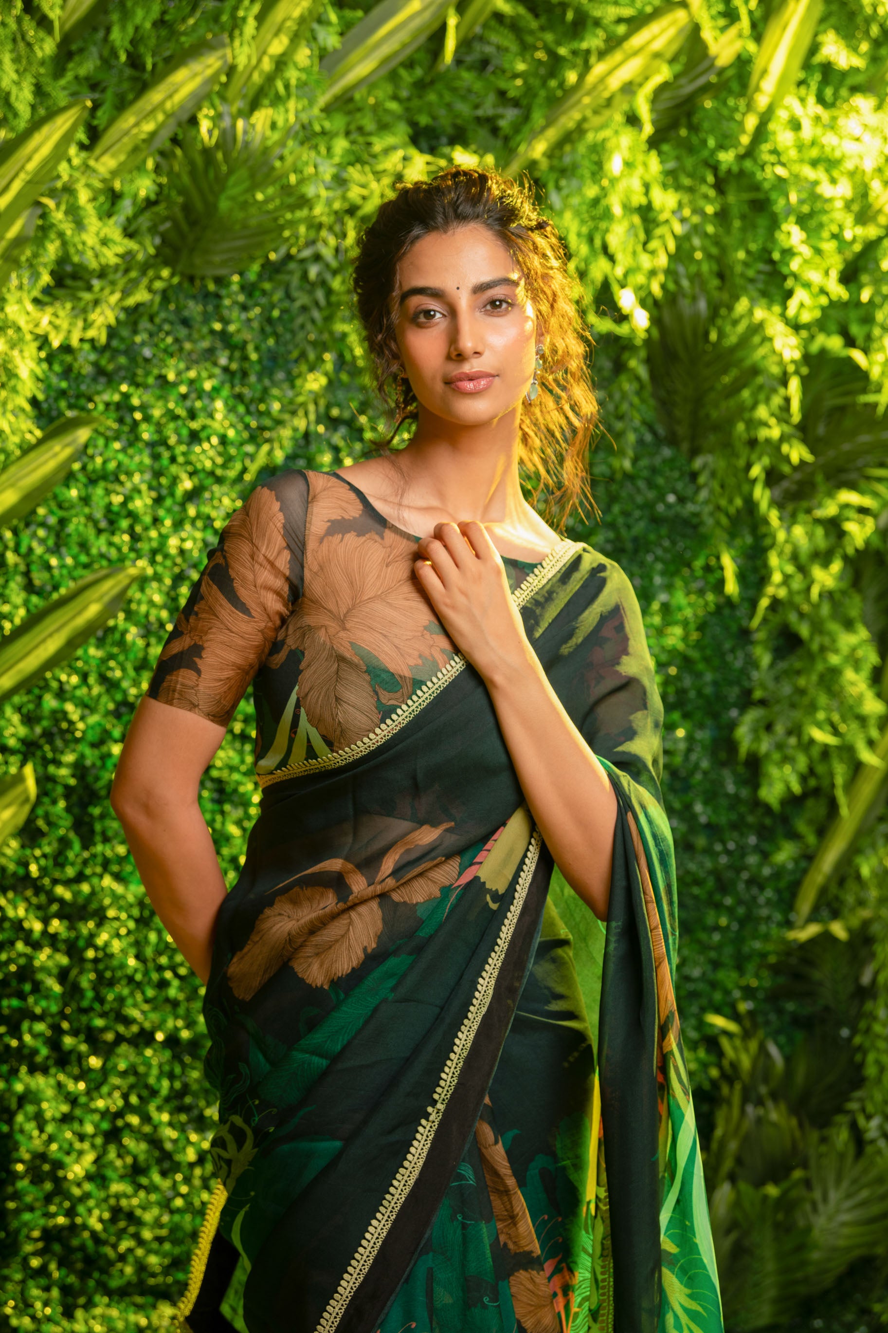 Green Floral Saree With Blouse | Meenakshi Chaudhary