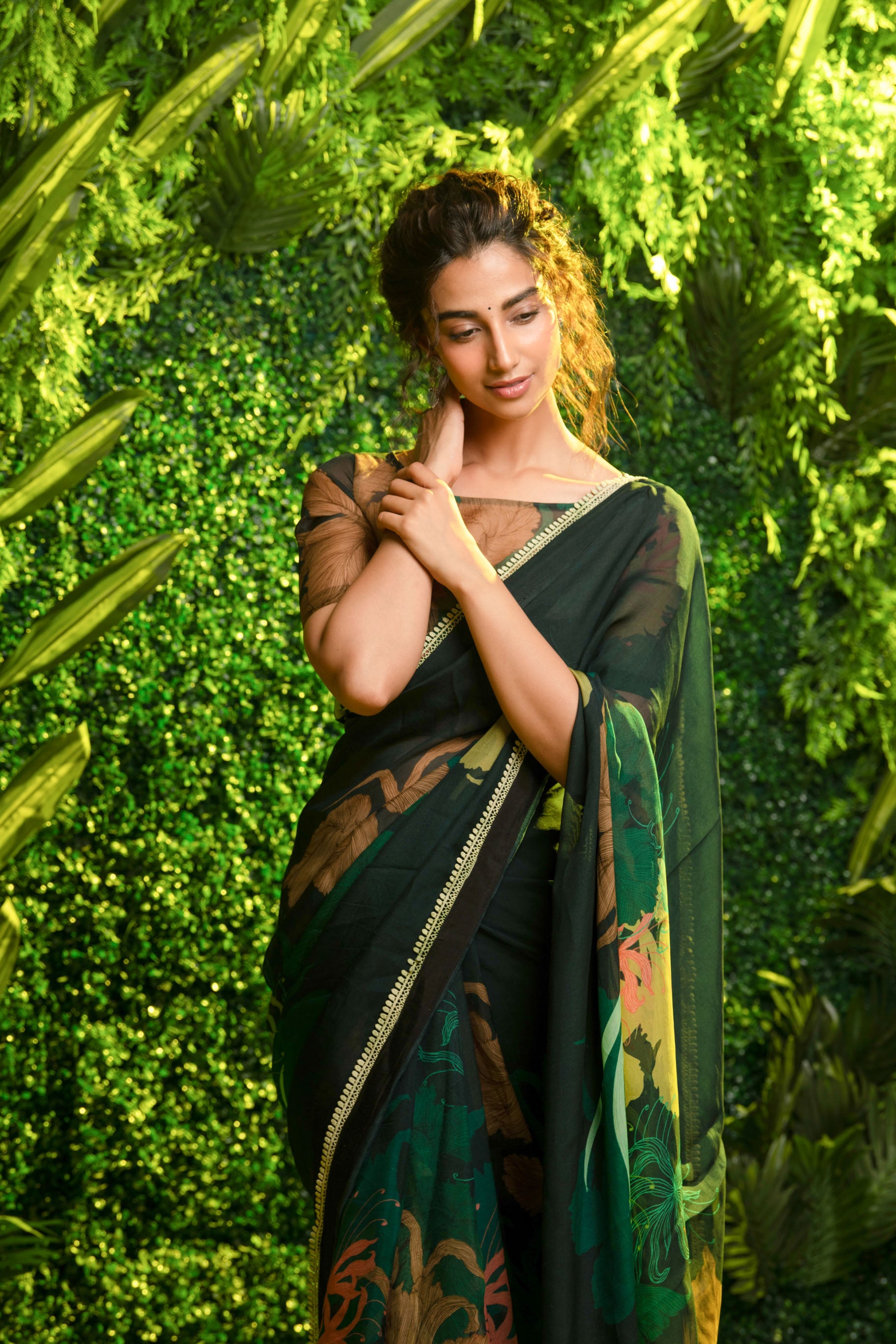 Green Floral Saree With Blouse | Meenakshi Chaudhary