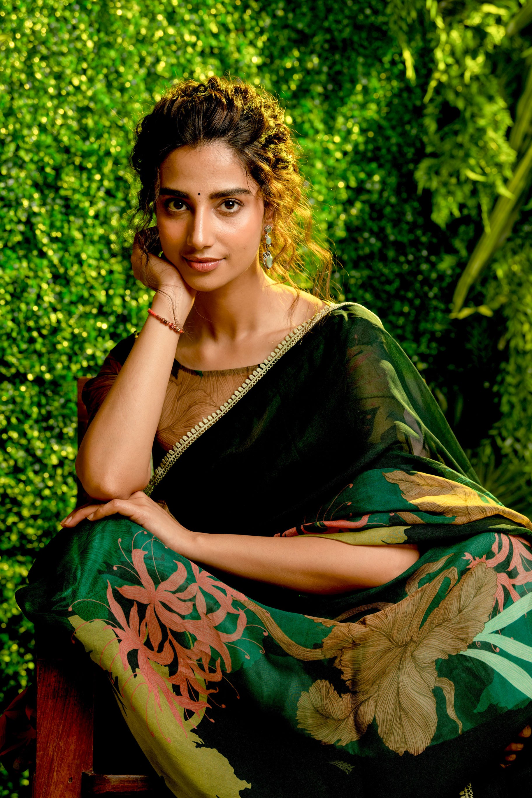 Green Floral Saree With Blouse | Meenakshi Chaudhary