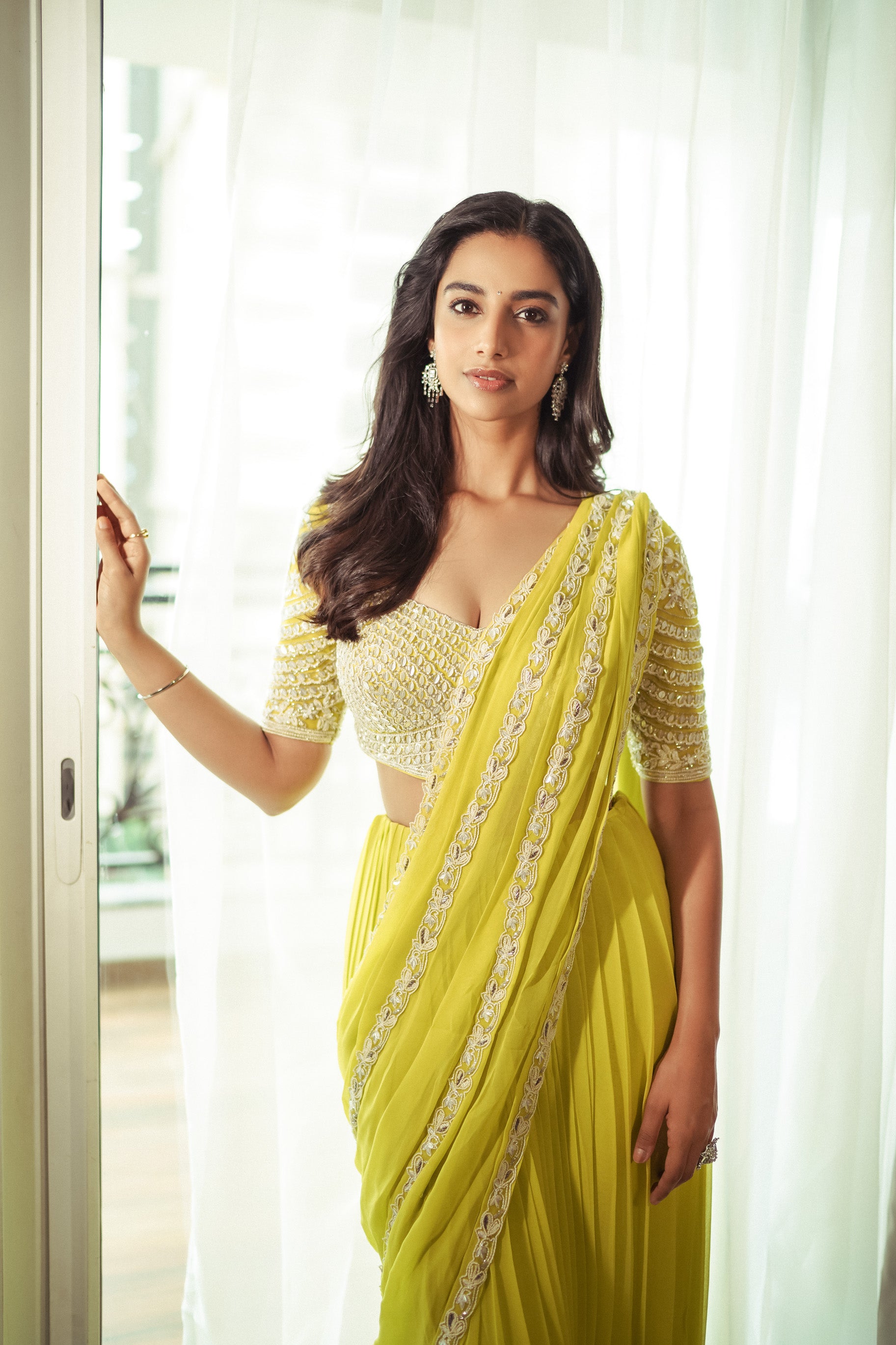 Levana drape saree with Blouse - Pollen yellow | Meenakshi Chaudhary