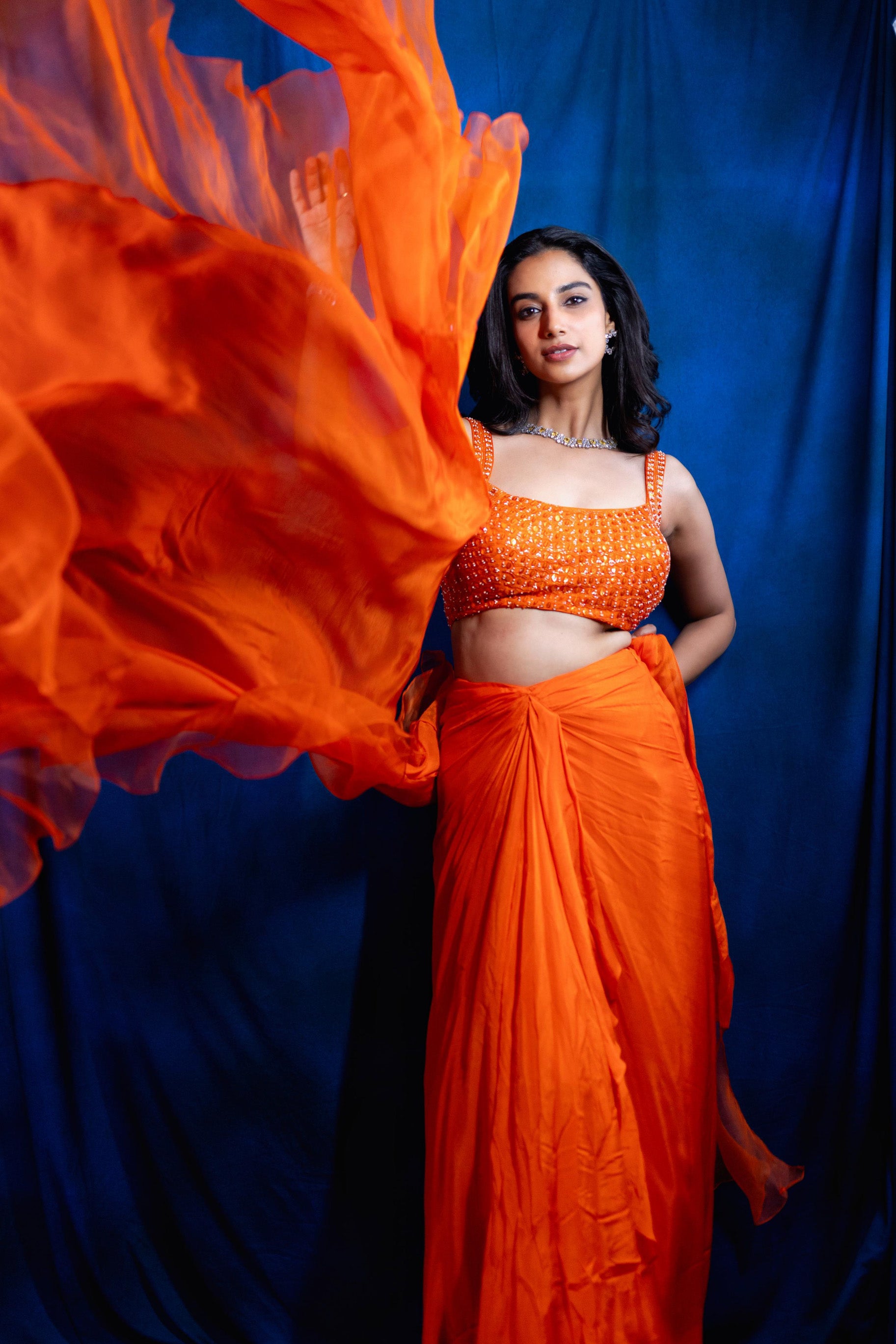 Zoha drape skirt set with rufflecape - Persimmon Orange | Meenakshi Chaudhary