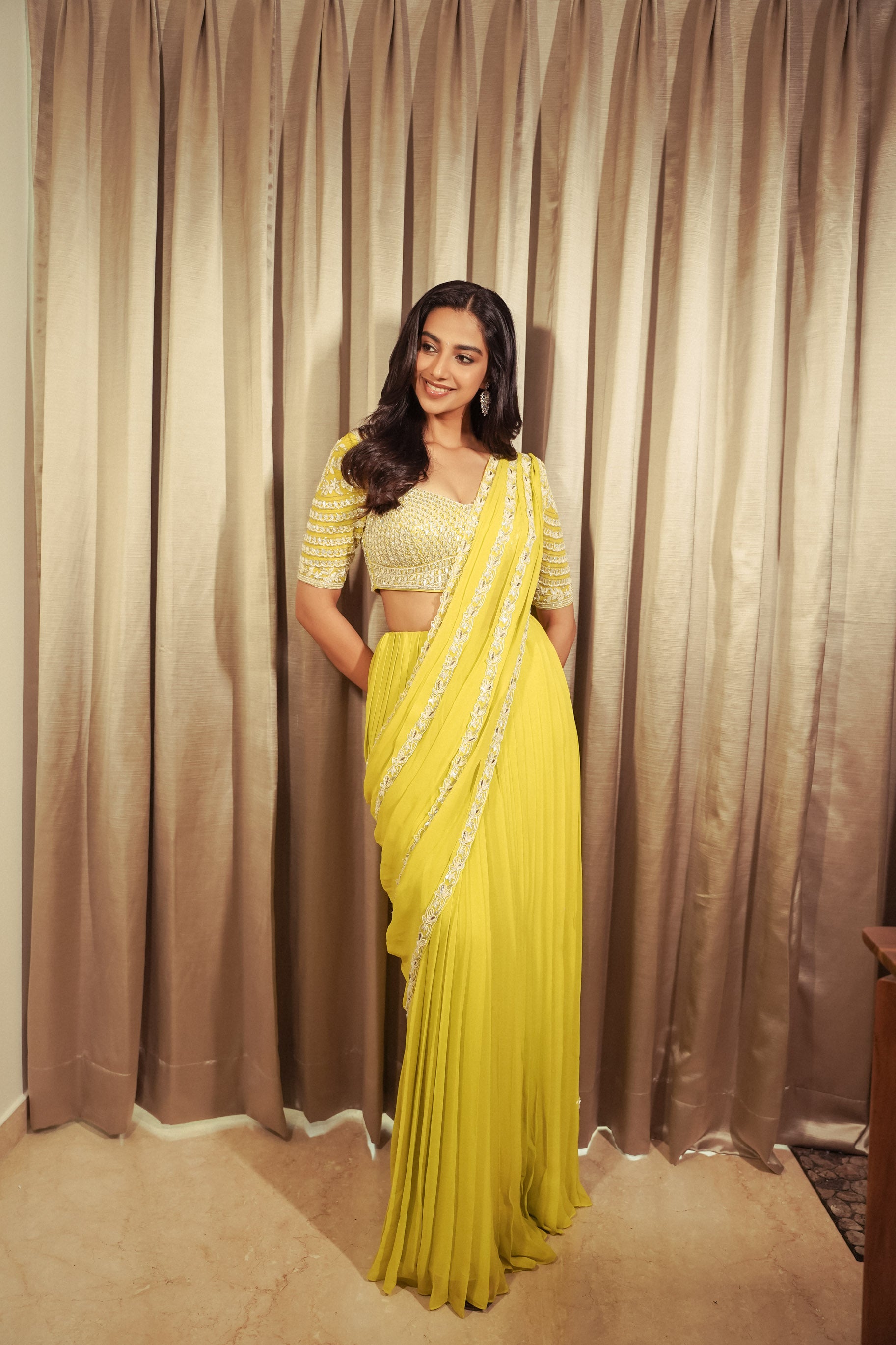 Levana drape saree with Blouse - Pollen yellow | Meenakshi Chaudhary