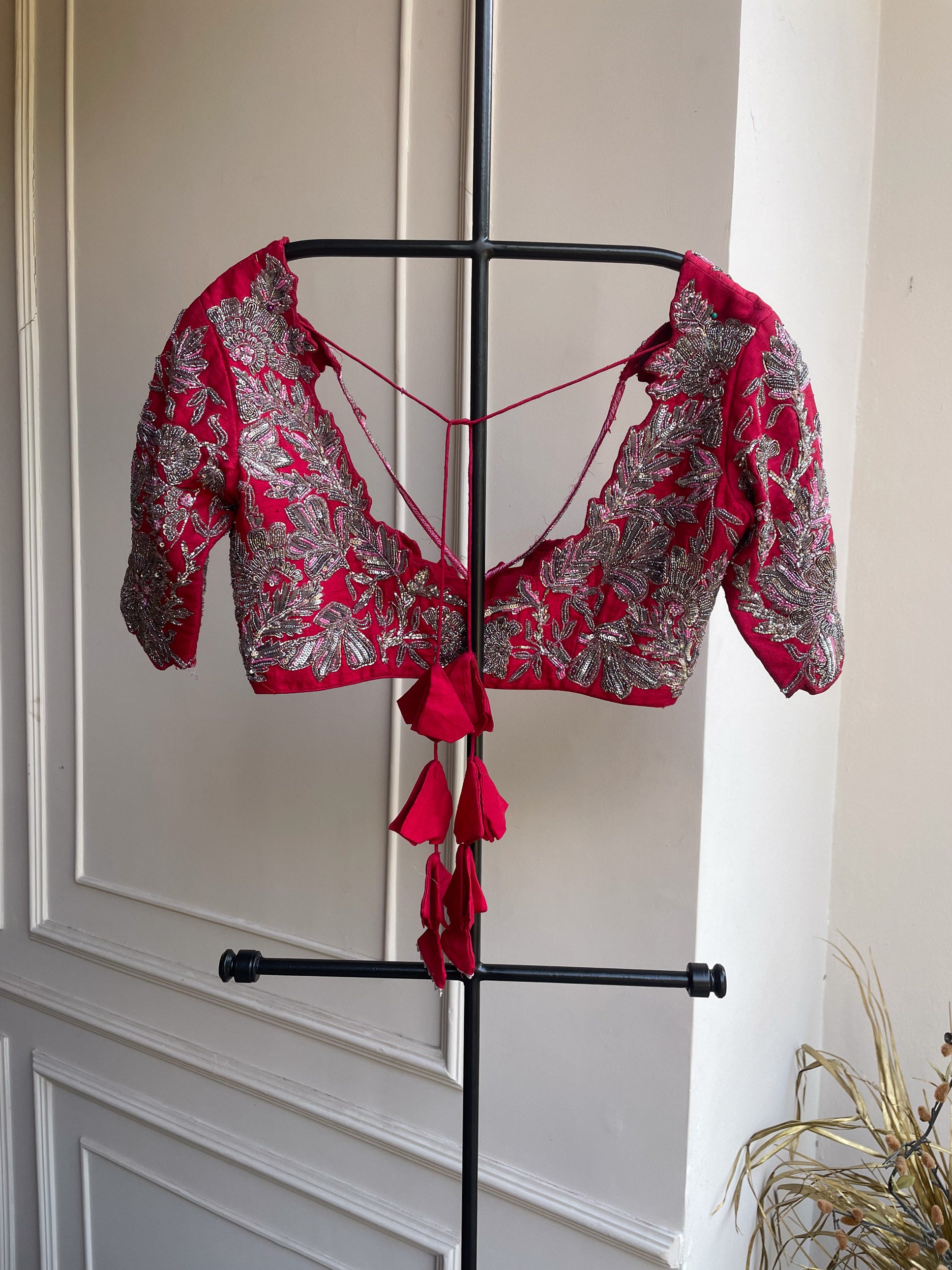 Rawsilk embroidered blouse- Red