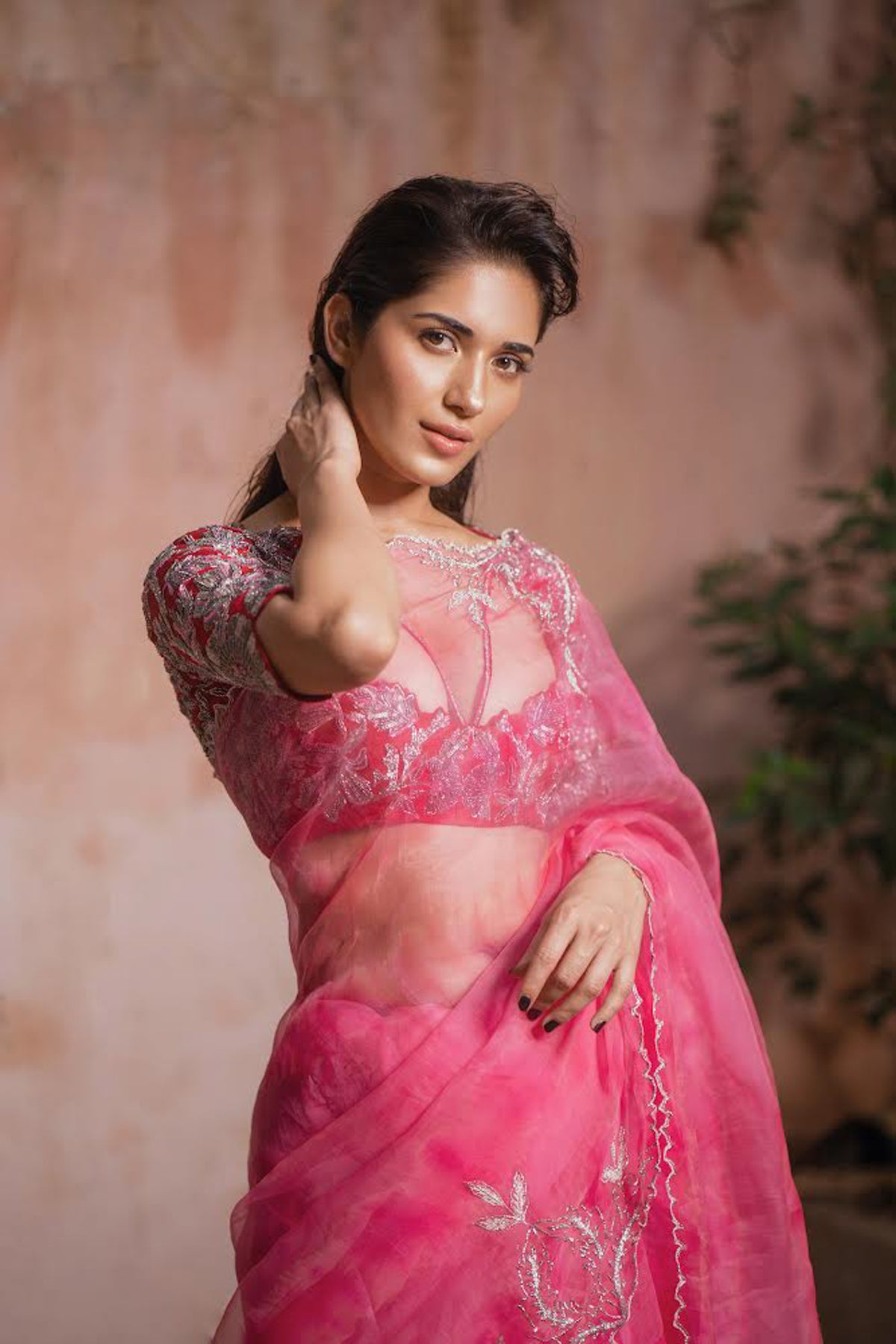 Pink Leheriya organza saree with rawsilk embroidered blouse | Ruhani Sharma