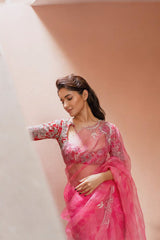 Pink Leheriya organza saree with rawsilk embroidered blouse | Ruhani Sharma