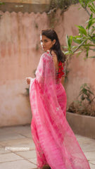 Pink Leheriya organza saree with rawsilk embroidered blouse | Ruhani Sharma