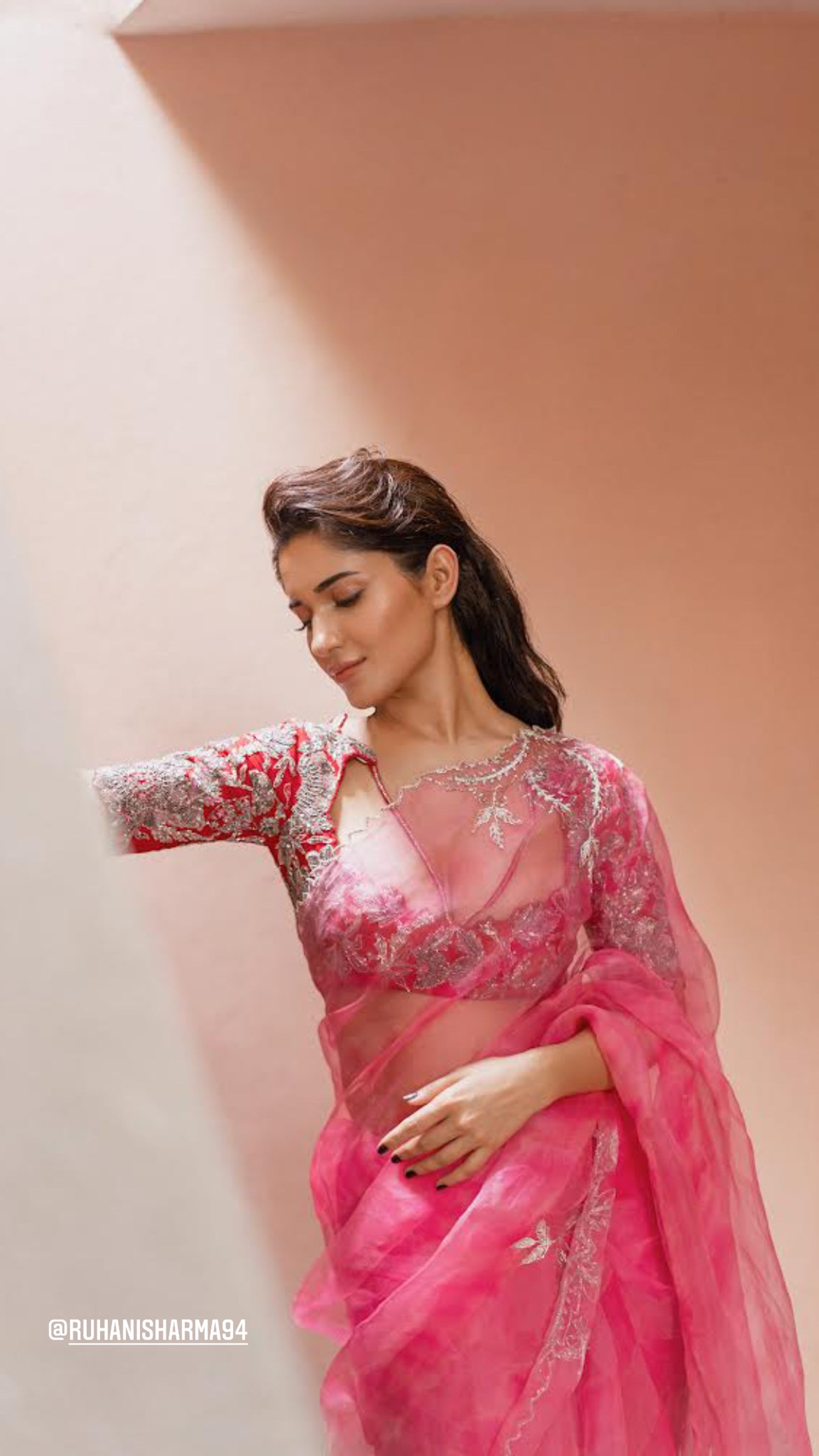 Pink Leheriya organza saree with rawsilk embroidered blouse | Ruhani Sharma