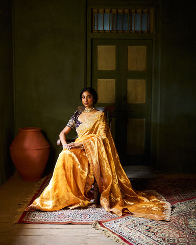 Umika tissue saree with blouse- sunset yellow