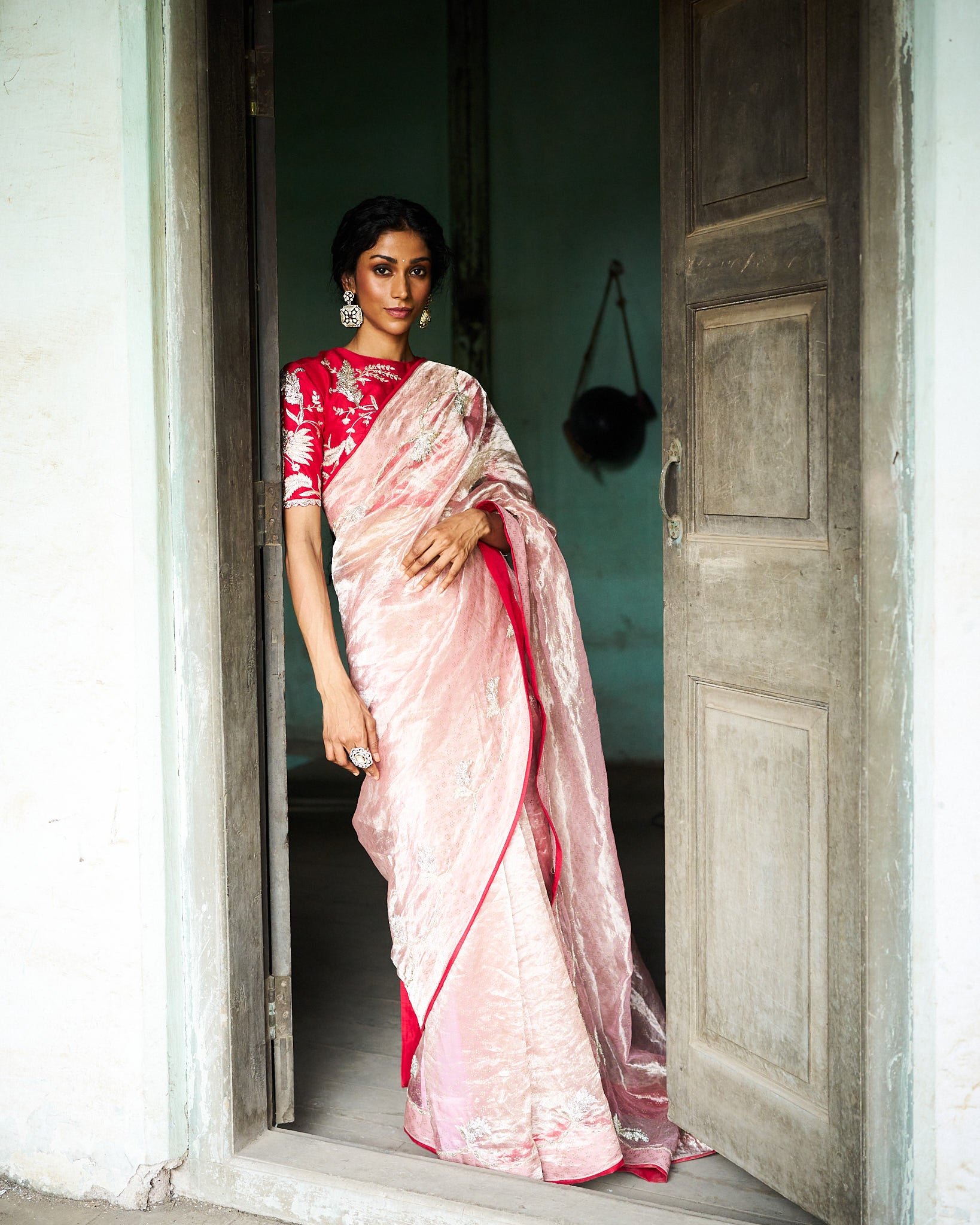 Ruhira printed tissue saree with blouse- peach pink