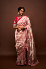 Ruhira printed tissue saree with blouse- Peach pink