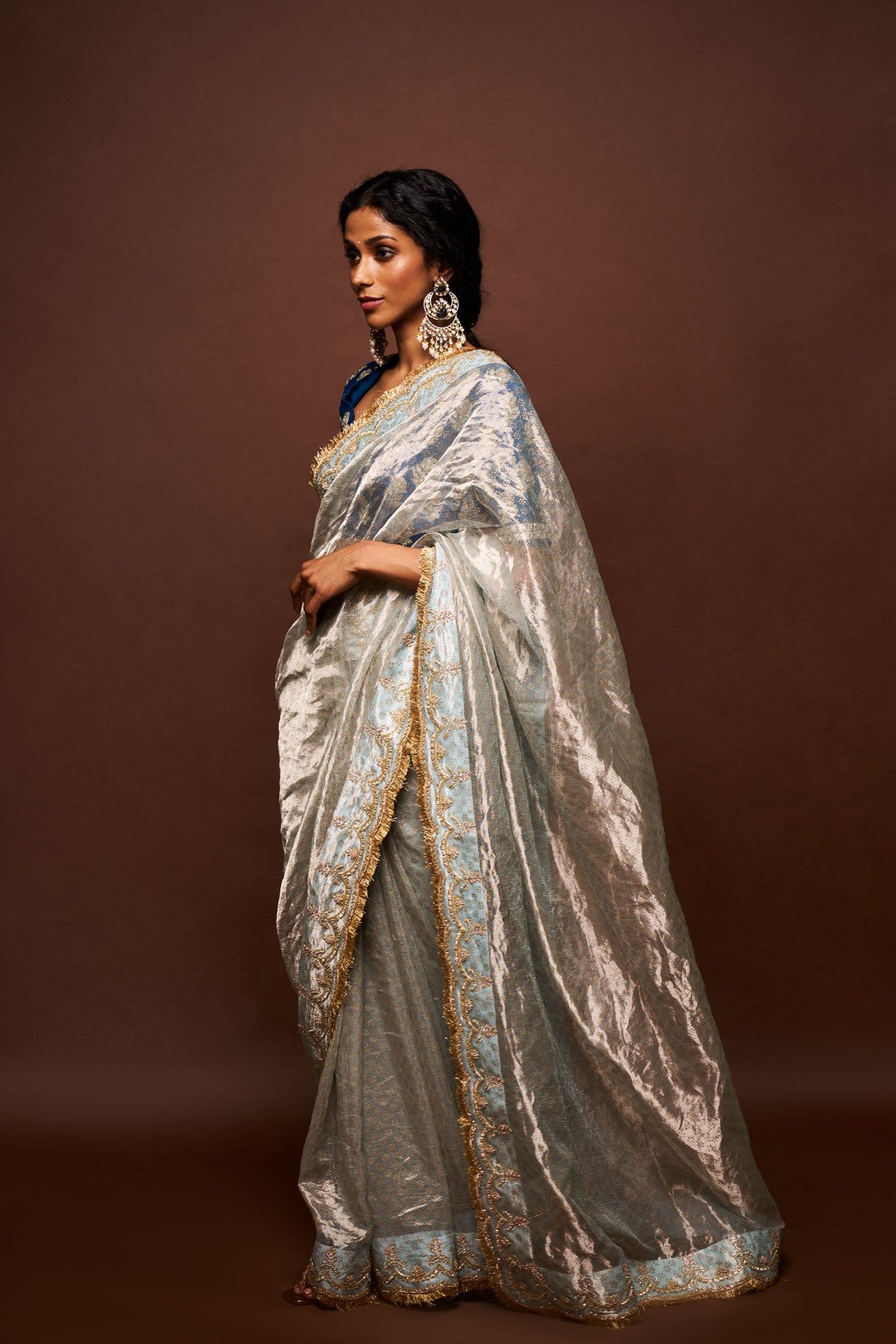 Trishi printed tissue saree- bluish grey