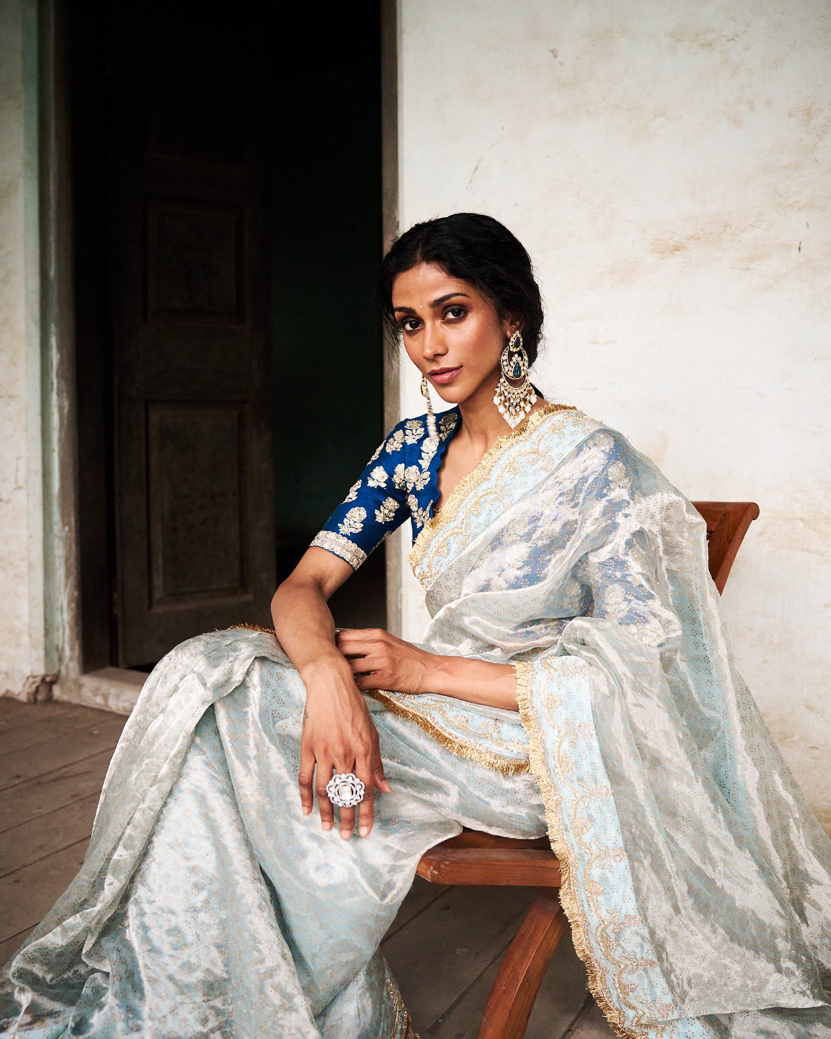 Trishi printed tissue saree with blouse - bluish grey