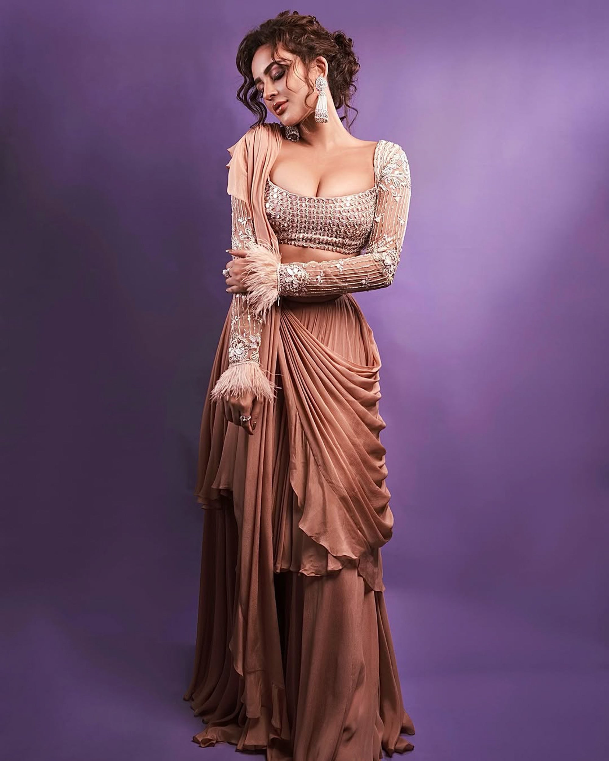 Norali drape saree with blouse- Mocha Beige | Seerat Kapoor