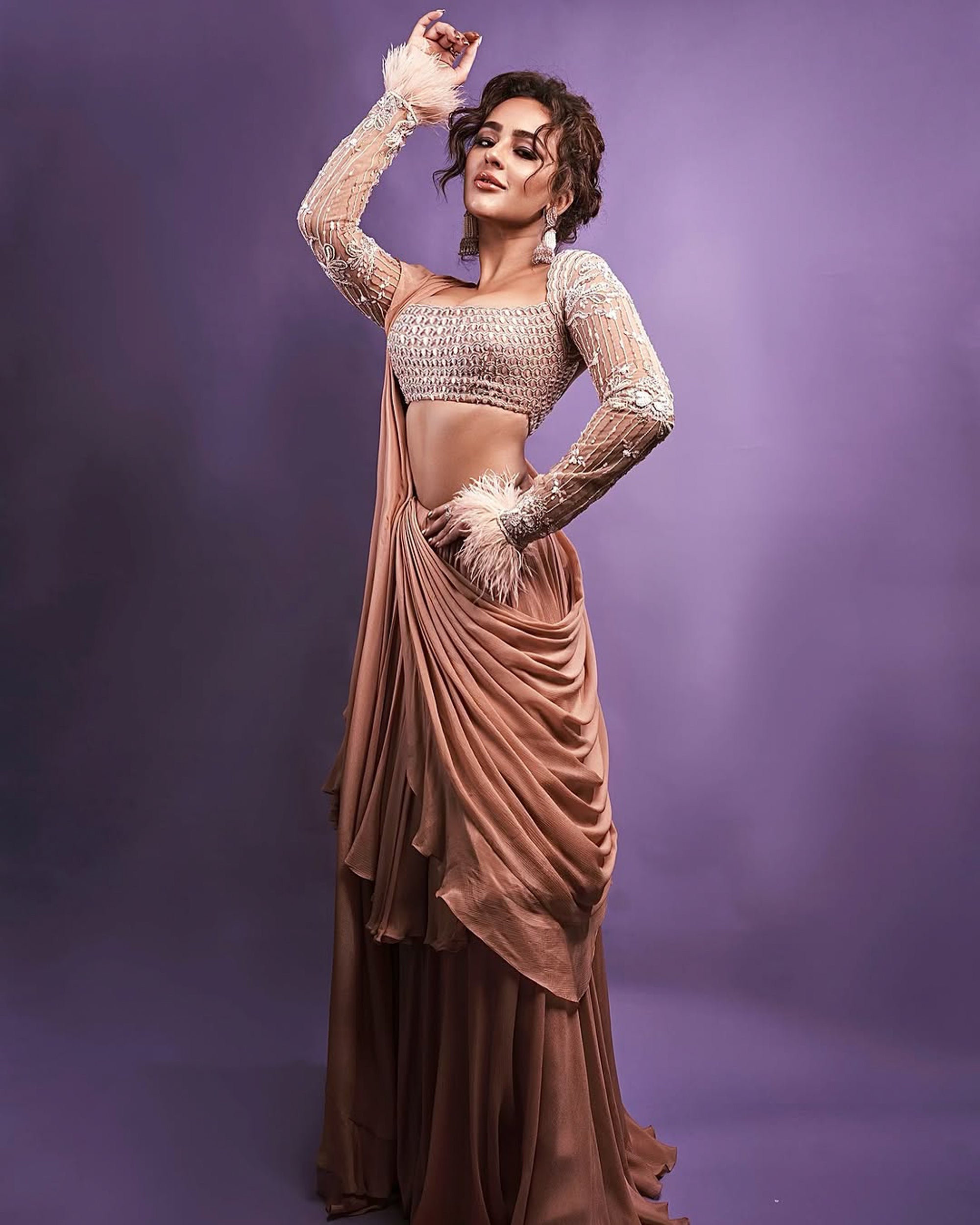 Norali drape saree with blouse- Mocha Beige | Seerat Kapoor