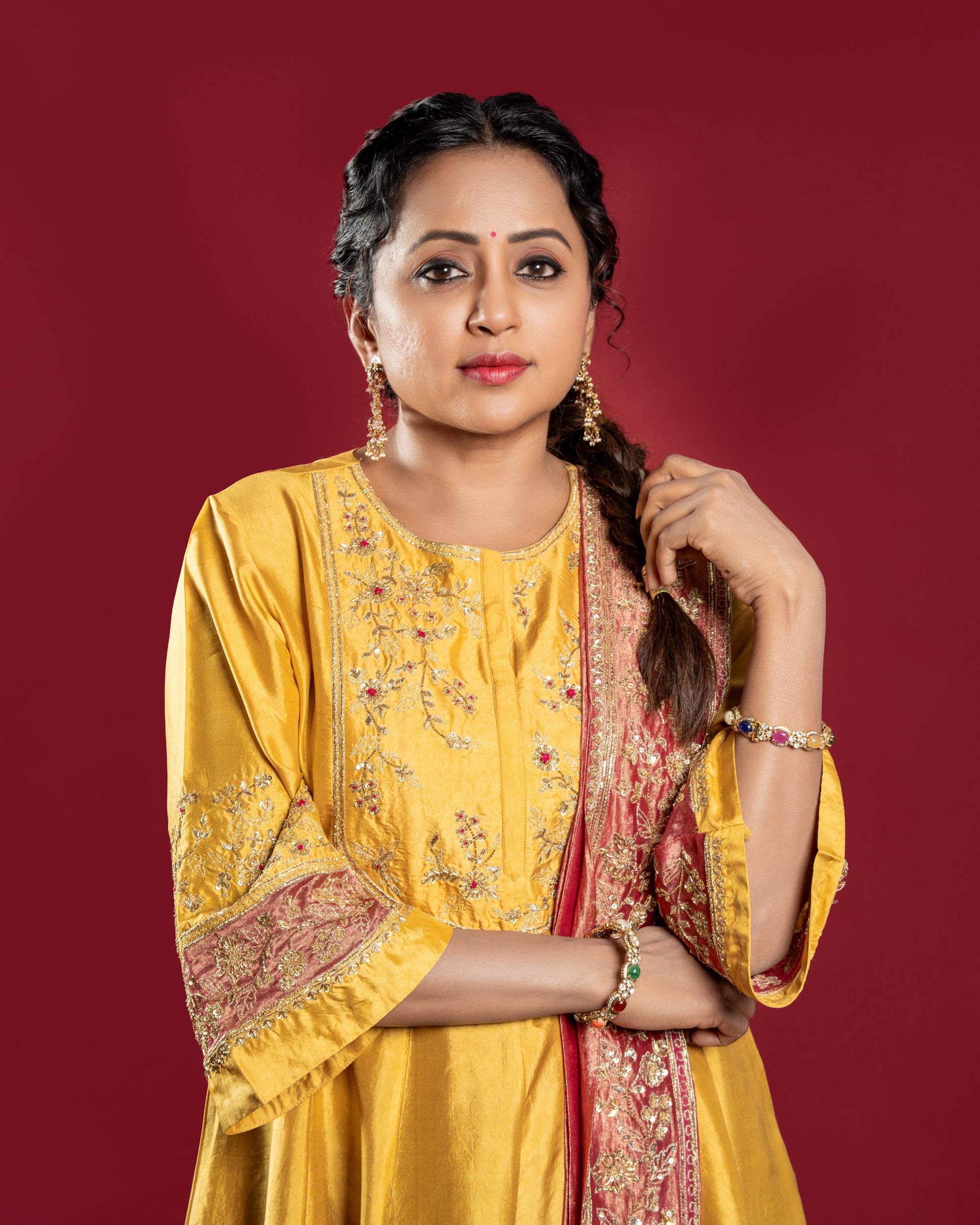 Tesharya Yellow and Pink Kurti Set with Dupatta | Suma Kanakala