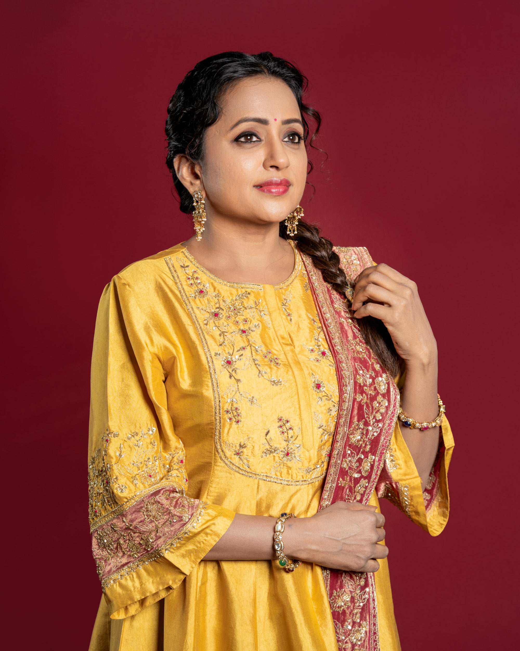 Tesharya Yellow and Pink Kurti Set with Dupatta | Suma Kanakala