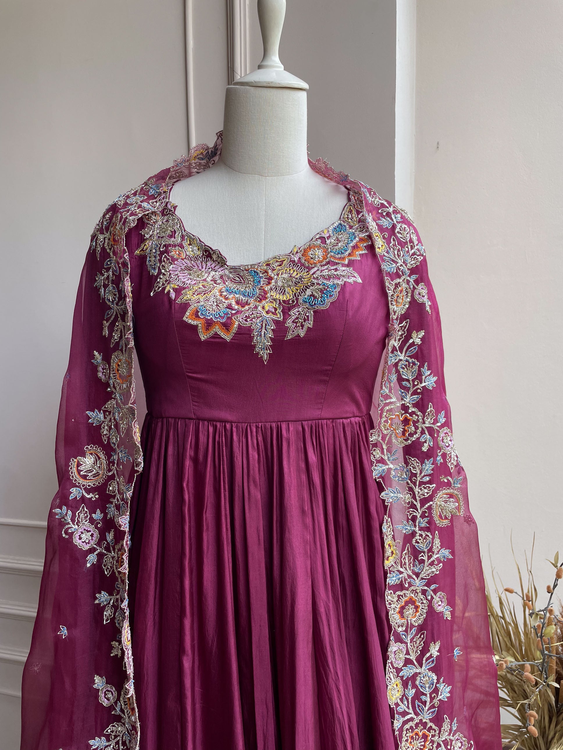 Wine Embroidered Anarkali With Dupatta