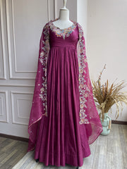Wine Embroidered Anarkali With Dupatta