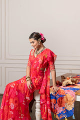 Ruvi Drape Saree with Blouse - Red