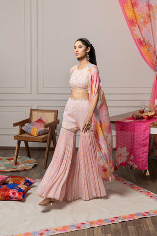 Rima Sharara Set with Cape - Pink