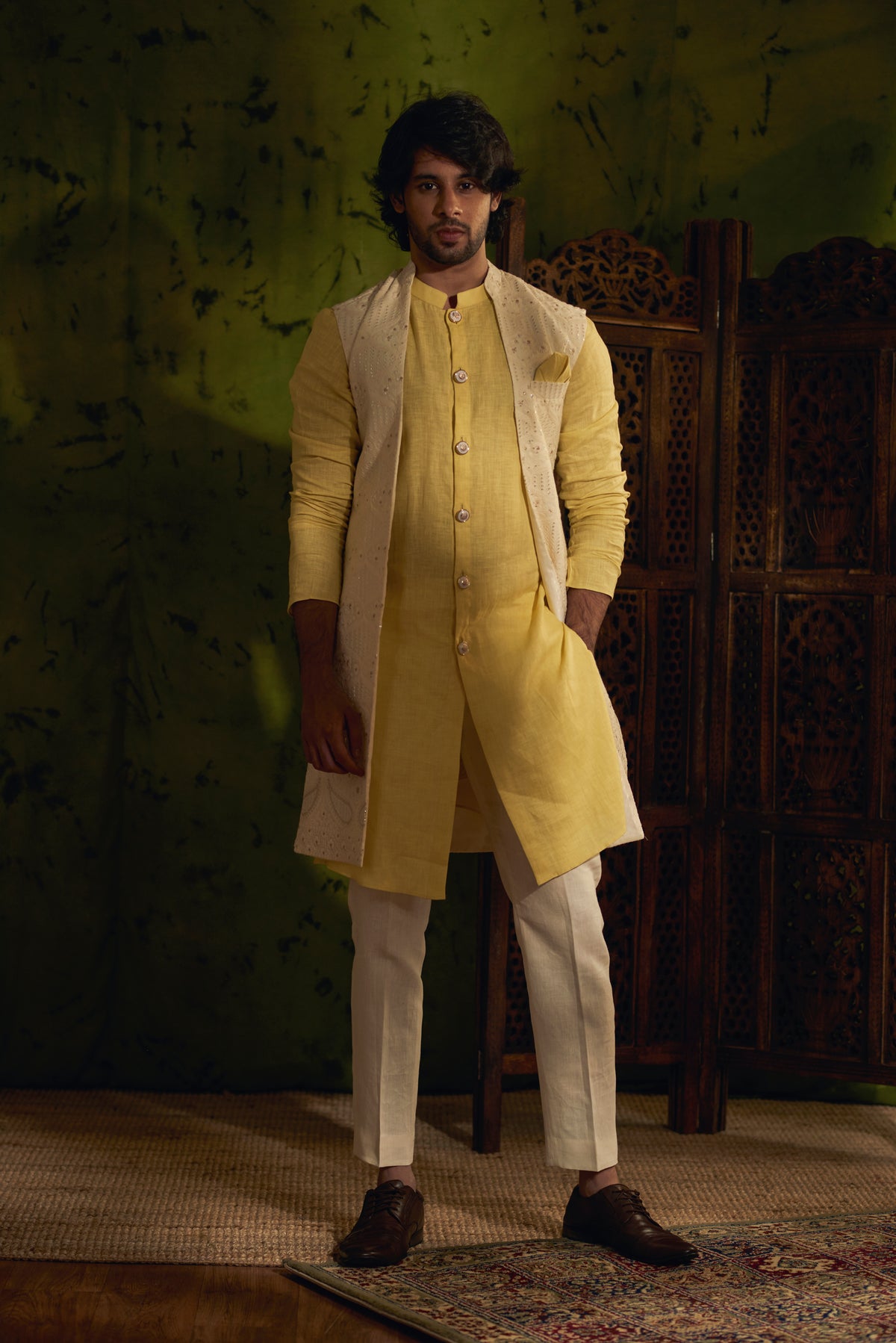 Yellow Kurta with White Chikankari Jacket Mens Wear