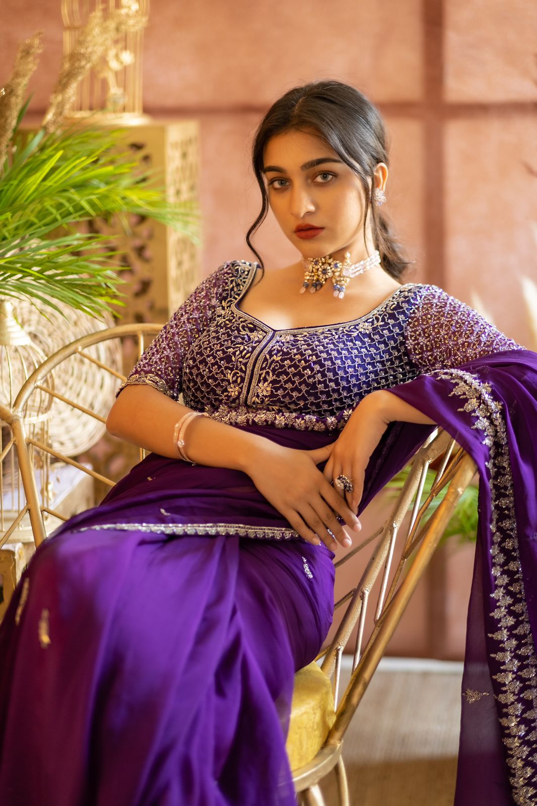 Purple embroidered organza saree with rawsilk blouse