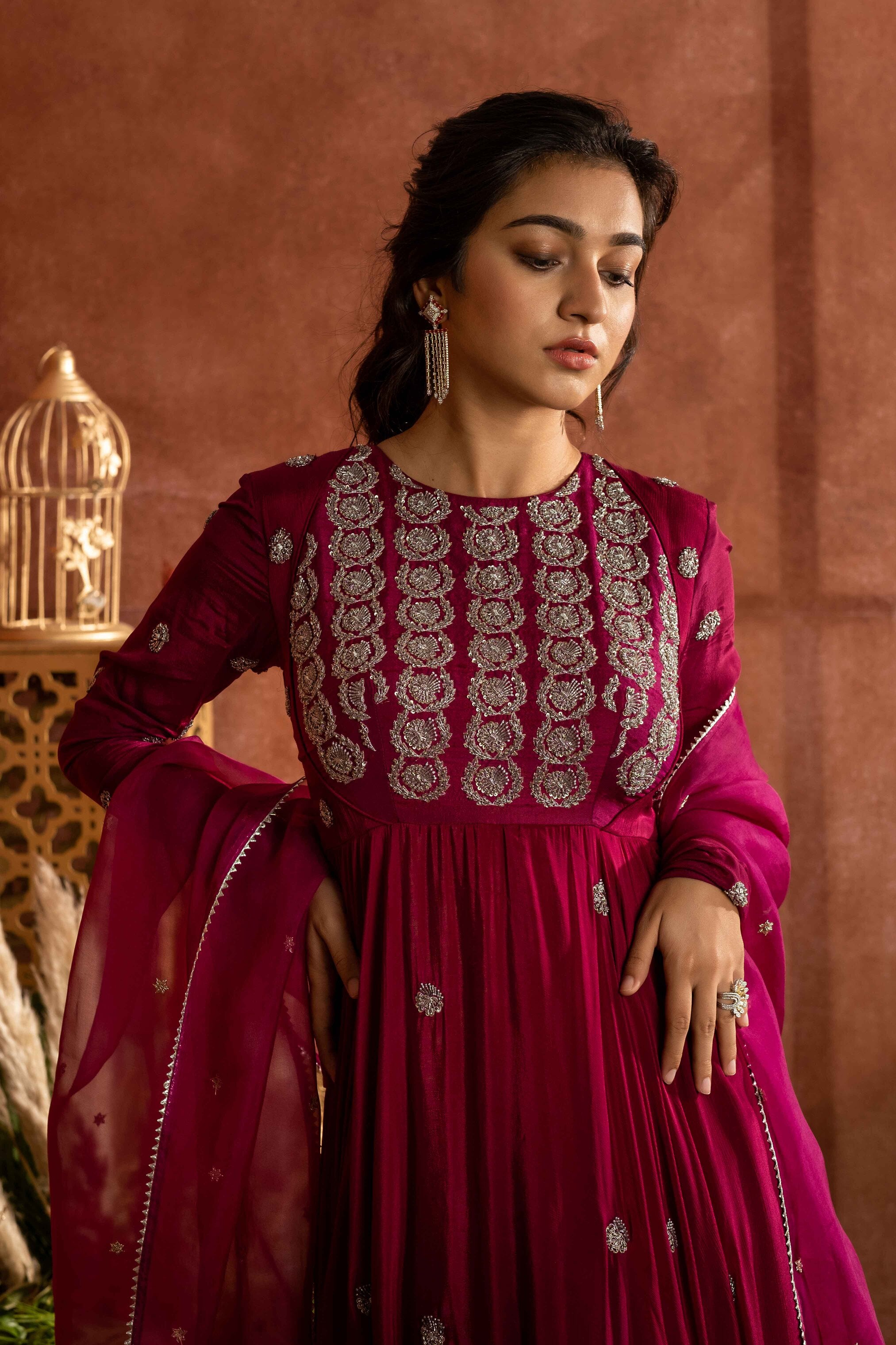 Wine embroidered dress allover without dupatta