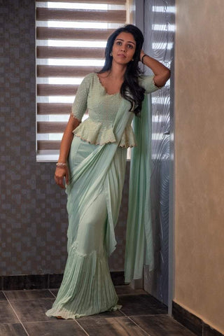 Mint Green Draped Saree with peplum Chikankari blouse
