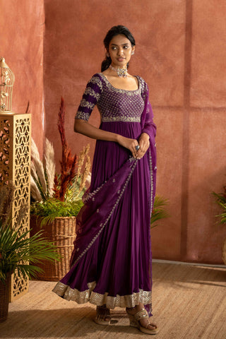 Purple Anarkali with embroidered yoke without dupatta