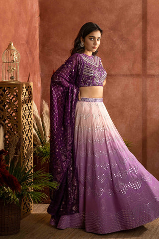 Peach to lavender Ombre lehenga with purple embroider blouse paired with chikankari dupatta