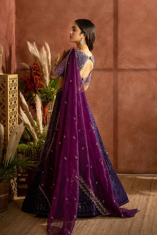 Purple chikankari lehenga with raw silk embroidered blouse paired with an organza embraided dupatta