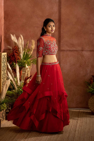 Cranberry Red Layered Lehenga with Embroidered Blouse