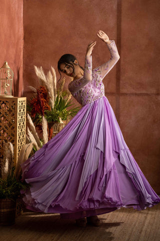 LAVENDER LAYERED GOWN WITH EMBROIDERED YOKE