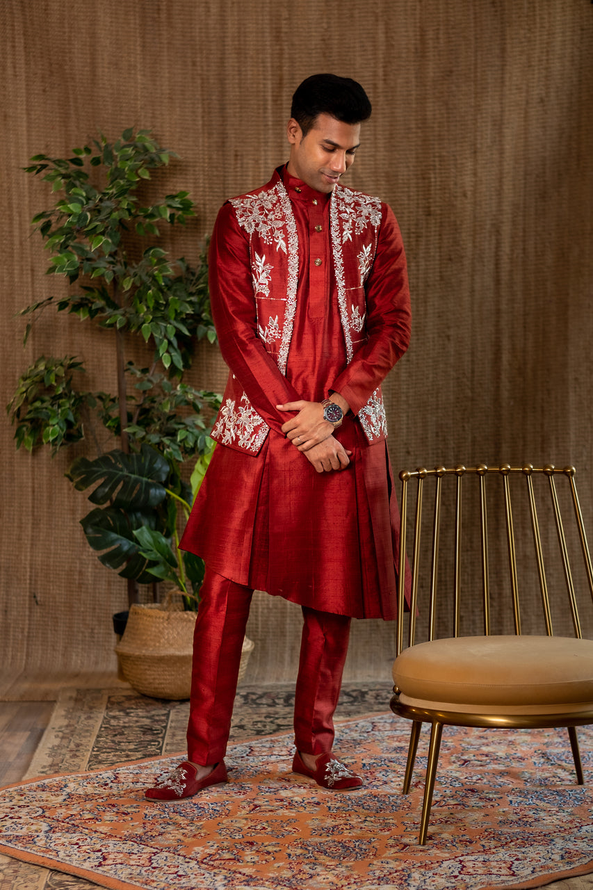 Rust raw silk sherwani set with embroidered jacket