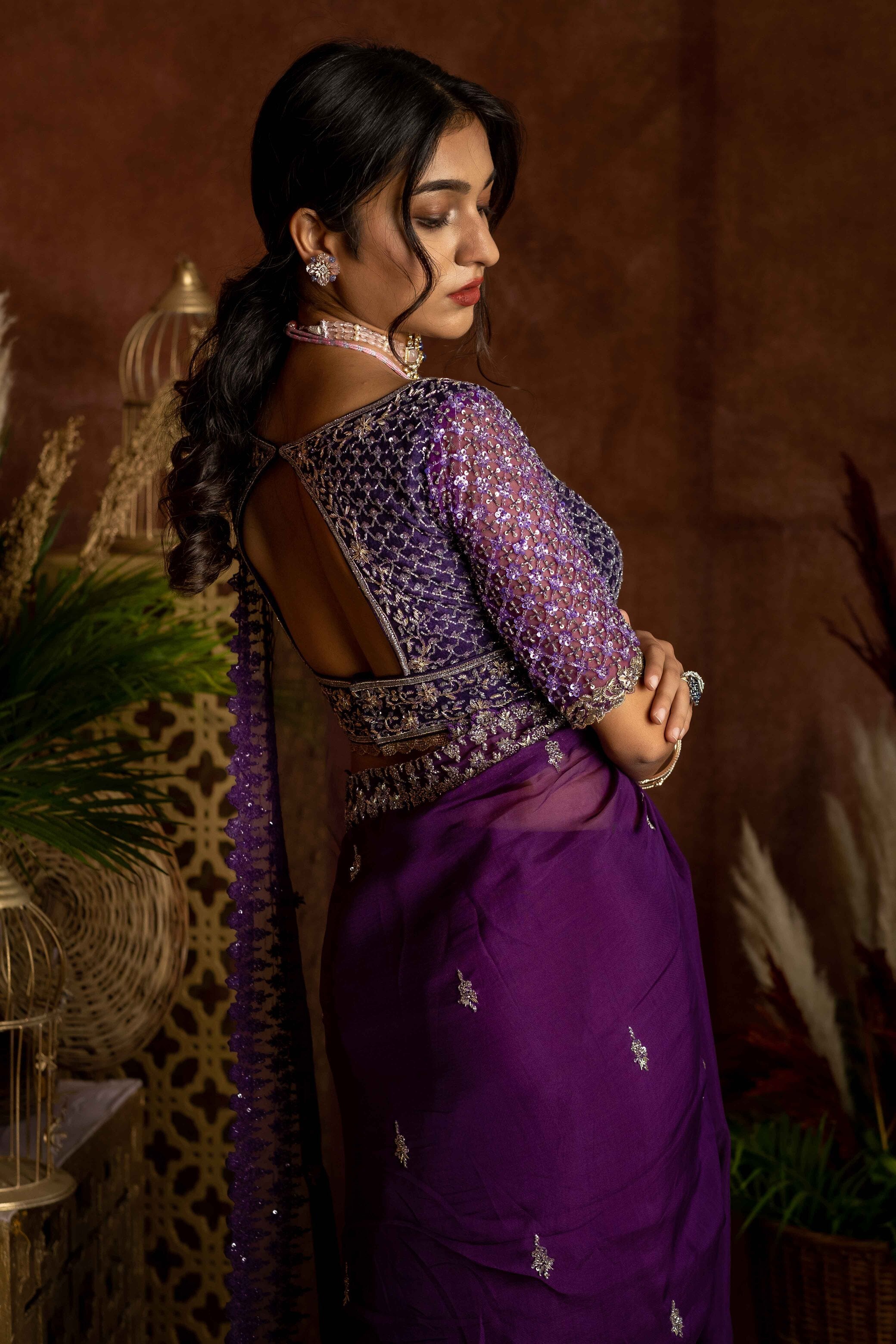 Purple embroidered organza saree with rawsilk blouse