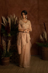 NUDE ORGANZA SAREE WITH EMBROIDERED BLOUSE