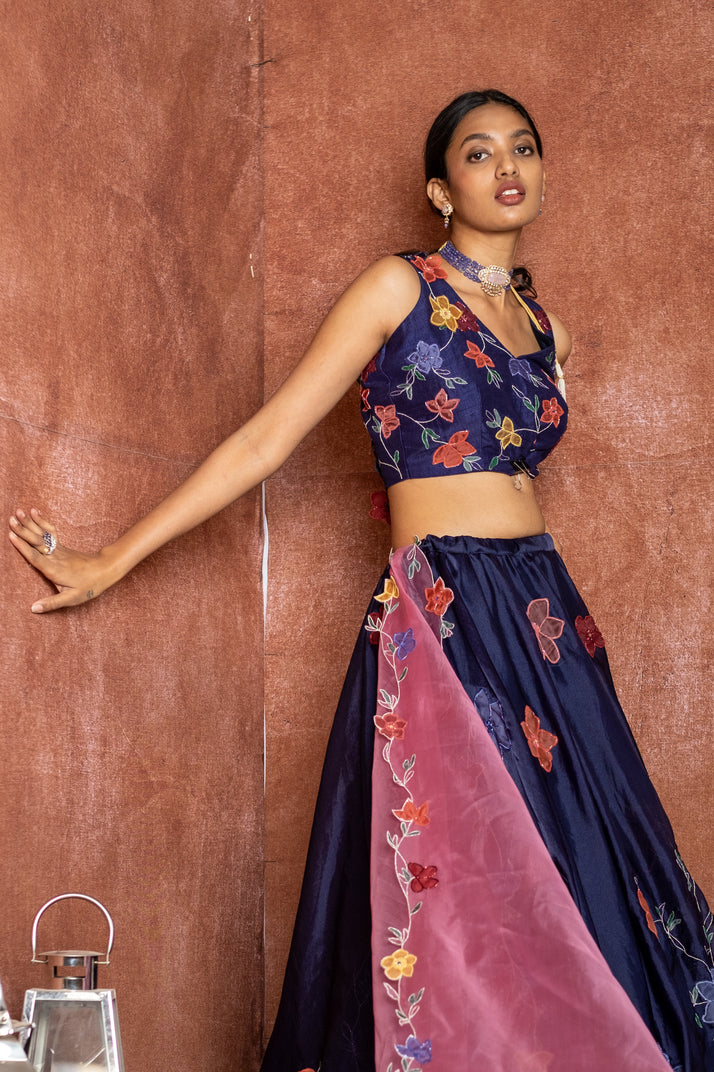 Midnight Blue Lehenga Blouse and dupatta with applique work