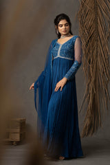 Laara Anarkali Dress Set - Prussian Blue