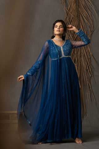 Laara Anarkali Dress Set - Prussian Blue