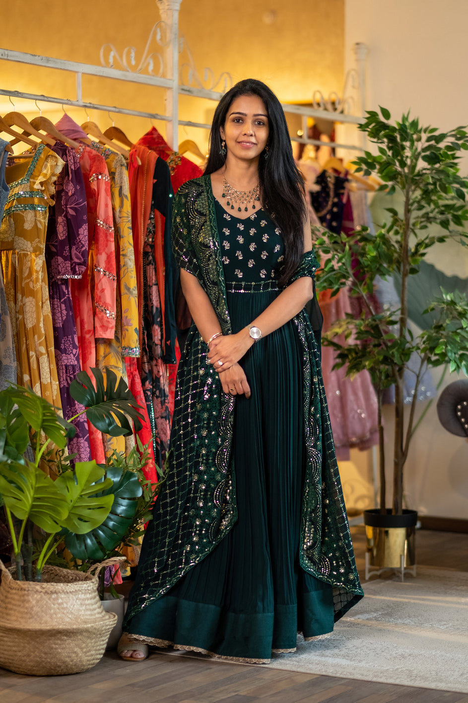 US-DC-125 Bottle Green draped gown with Chikankari