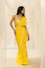 Louise draped saree - Lemon Yellow