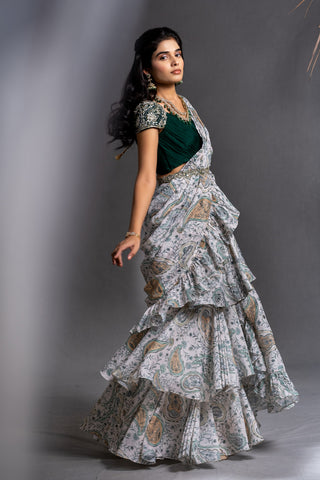 Suhani Draped Saree - Mint Paisley