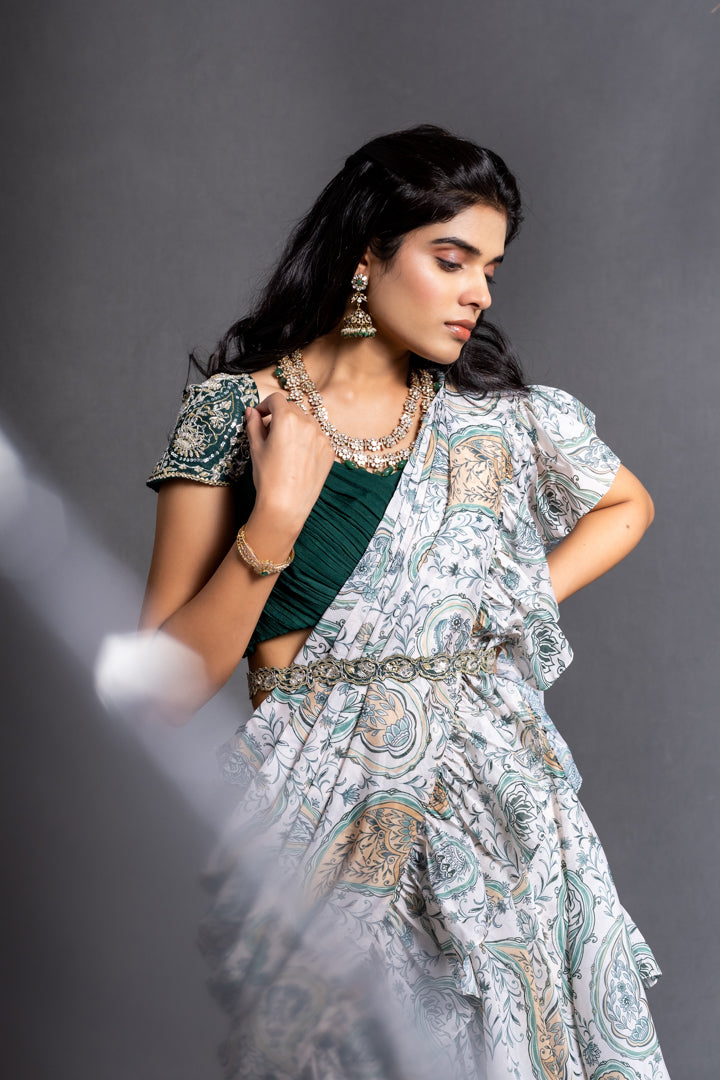 Suhani Draped Saree - Mint Paisley